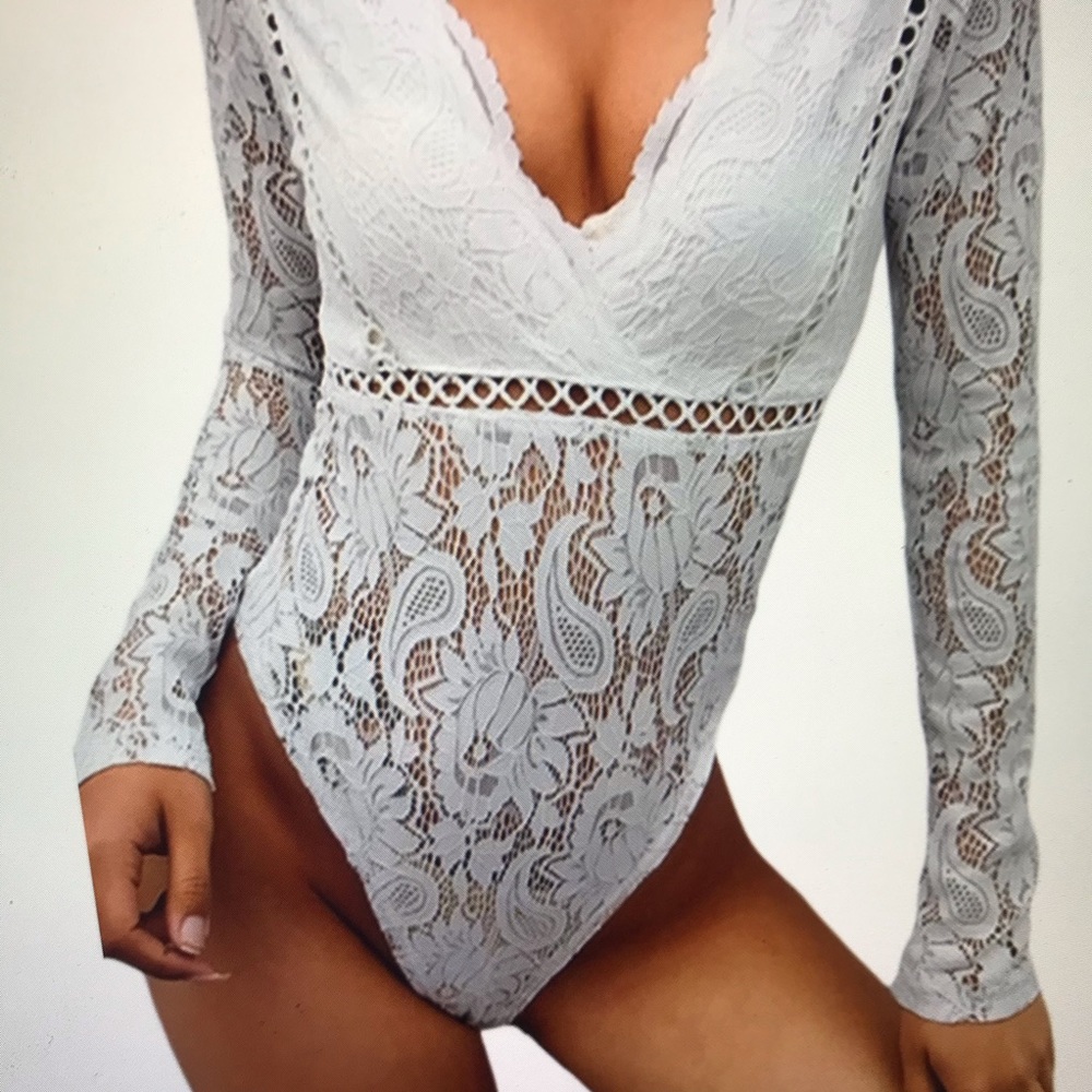 Romantic White Stretch Lace Bodysuit NEW S-L